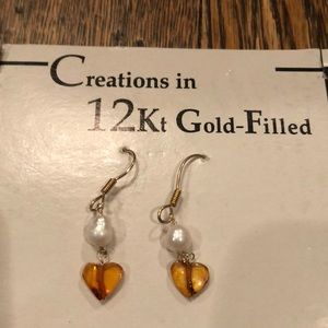 Gold Filled Heart-Shaped Amber/Pearl Earring